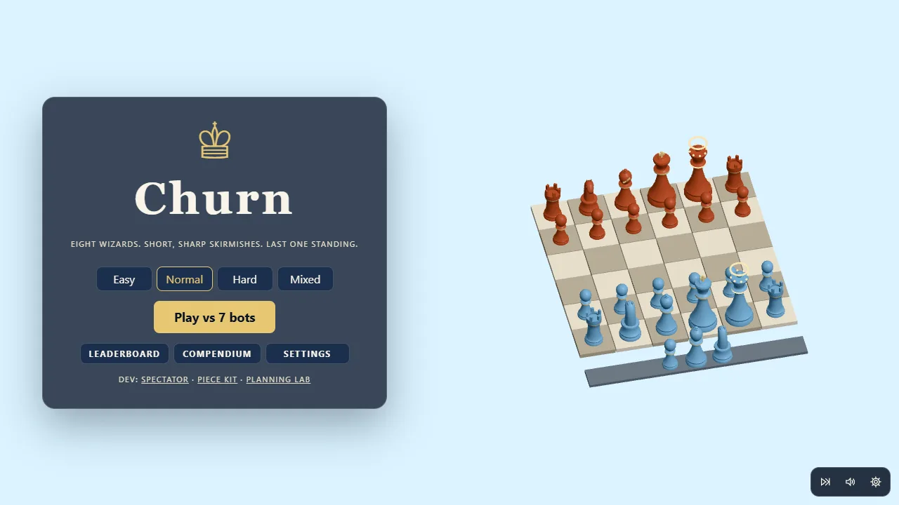 Churn's title screen: difficulty buttons and a Play vs 7 bots button beside a 3D chess board