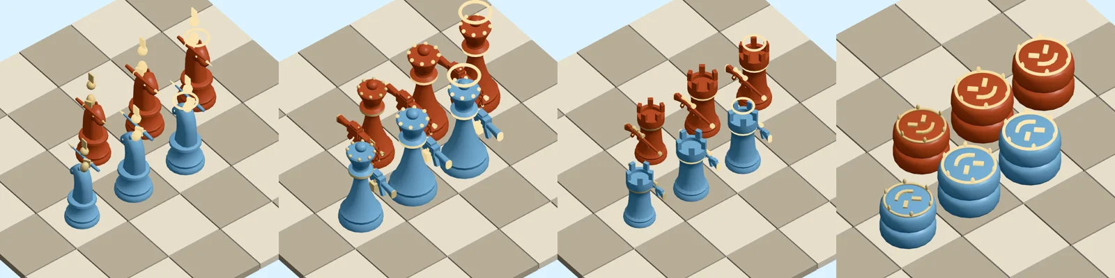Four close-ups of Churn pieces at tiers 1 to 3 for both sides: knights with mounted riders, queens with M60s, rooks with sniper rifles, and stacked checker chiefs with gold crowns and evil grins