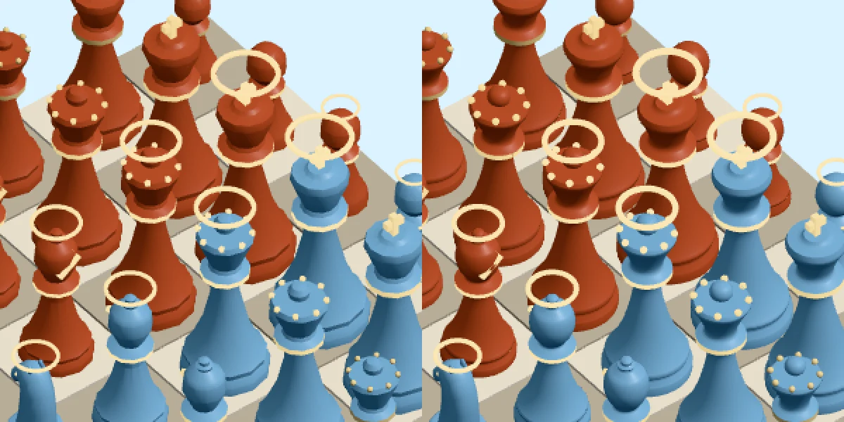 The same Churn pieces close up at low quality, with visible facets, and at high quality, smooth