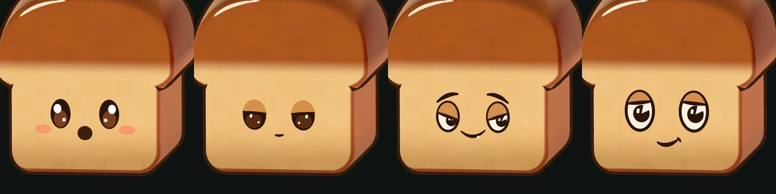 Four versions of Loaf's face: the kawaii original, a sleepy one with heavy lids, a scheming devil with brows and a fang, and the rubber-hose face that won