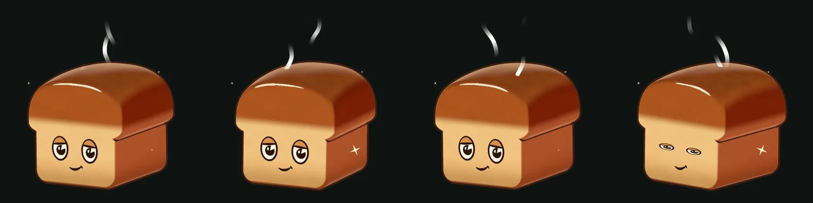 Four frames of Loaf's idle animation: breathing, steam rising, sparkles, and a blink