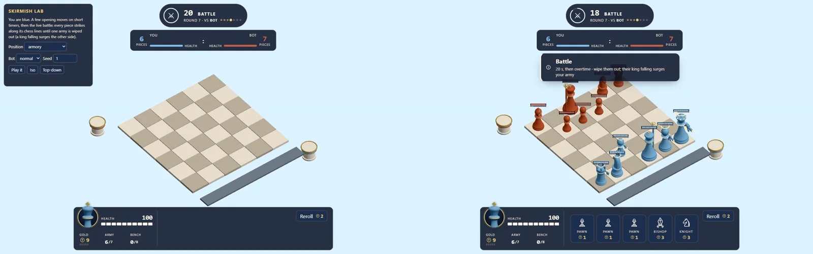 Two frames from a Churn recording: the first still shows the Skirmish Lab debug panel and an empty board, the second, 1.8 seconds later, shows a clean battle