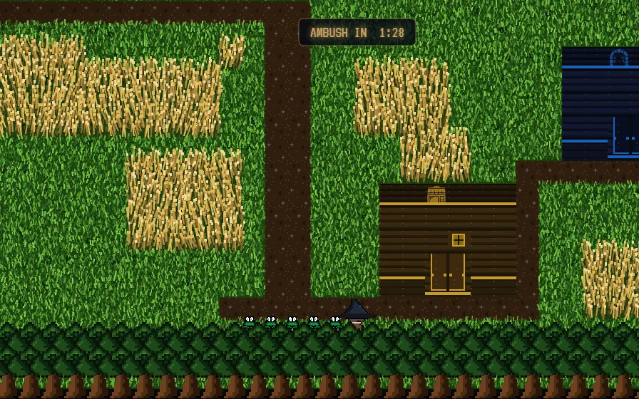 Spellbox overworld: wheat fields, cabins, and a dirt path, with the wizard's party trailing behind